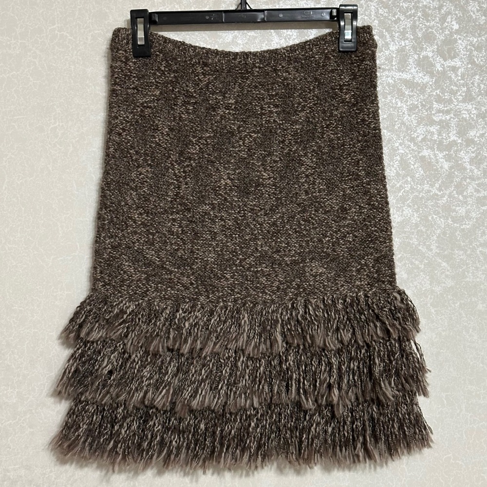 Anthropologie Sparrow Tiered Fringe Hem‎ Knit Skirt Alpaca Wool Blend Brown XS